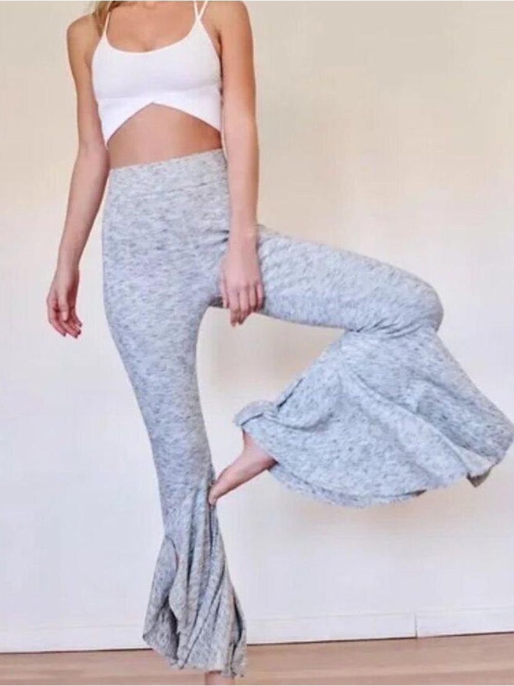 Free People Heather Gray Ruffle Flare Pants